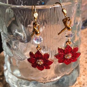 Vintage red Sparkle flower festive fun boho Crystal pierced dangle earrings WOW